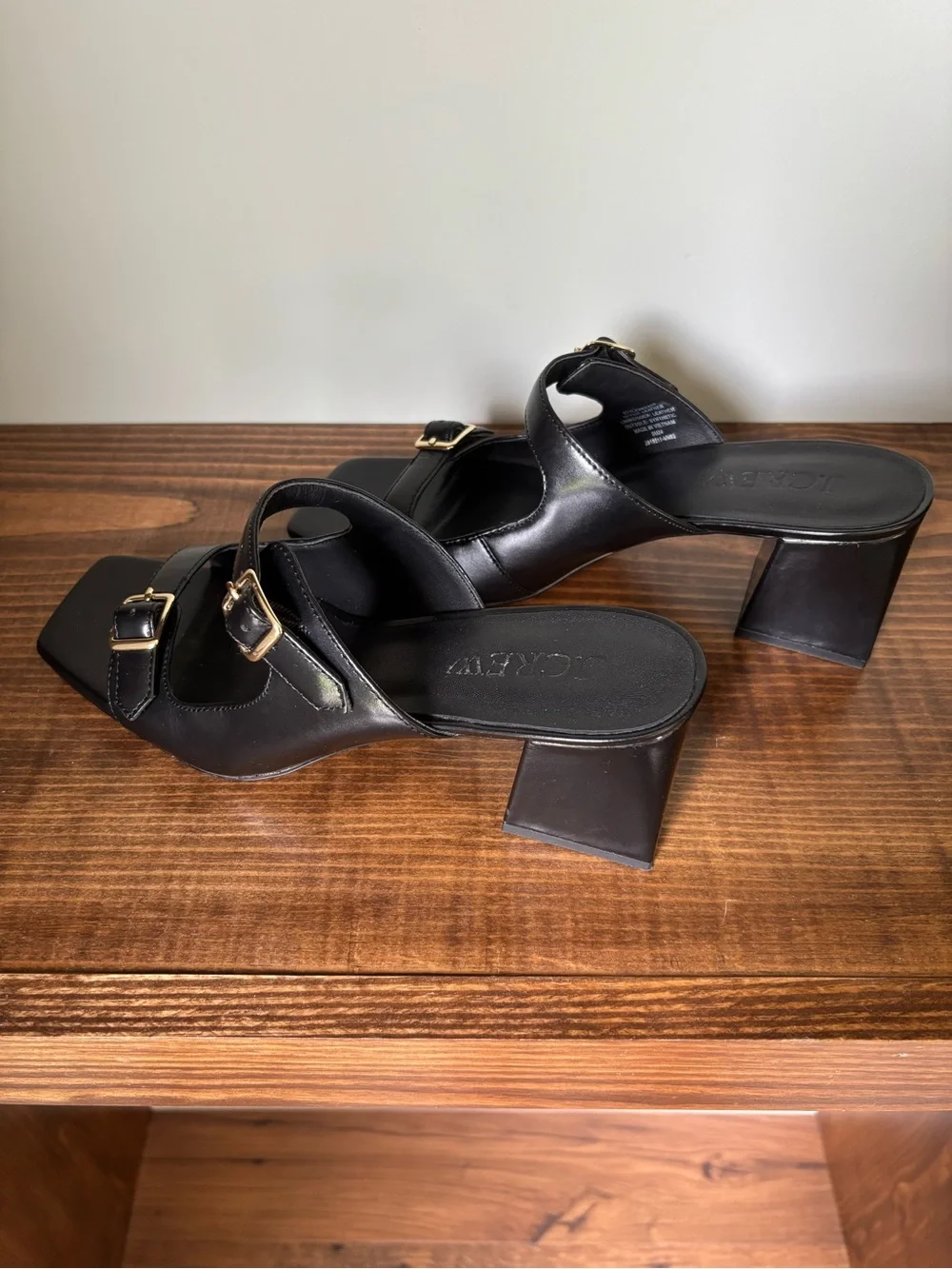 J. Crew Black Leather Double-Buckle Square-Toe Mules